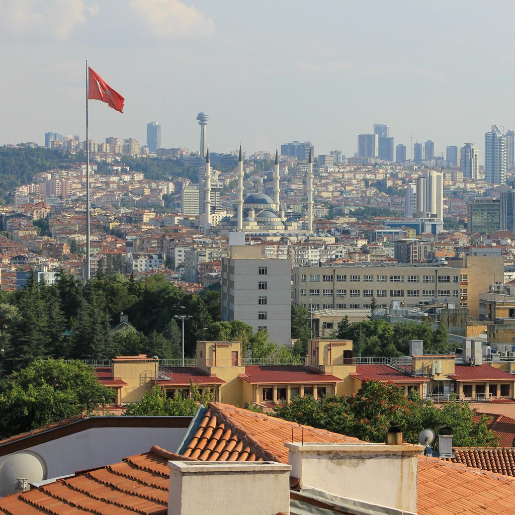 A stunning panoramic view of Ankara skyline with Kocatepe Mosque and Atakule Tower.