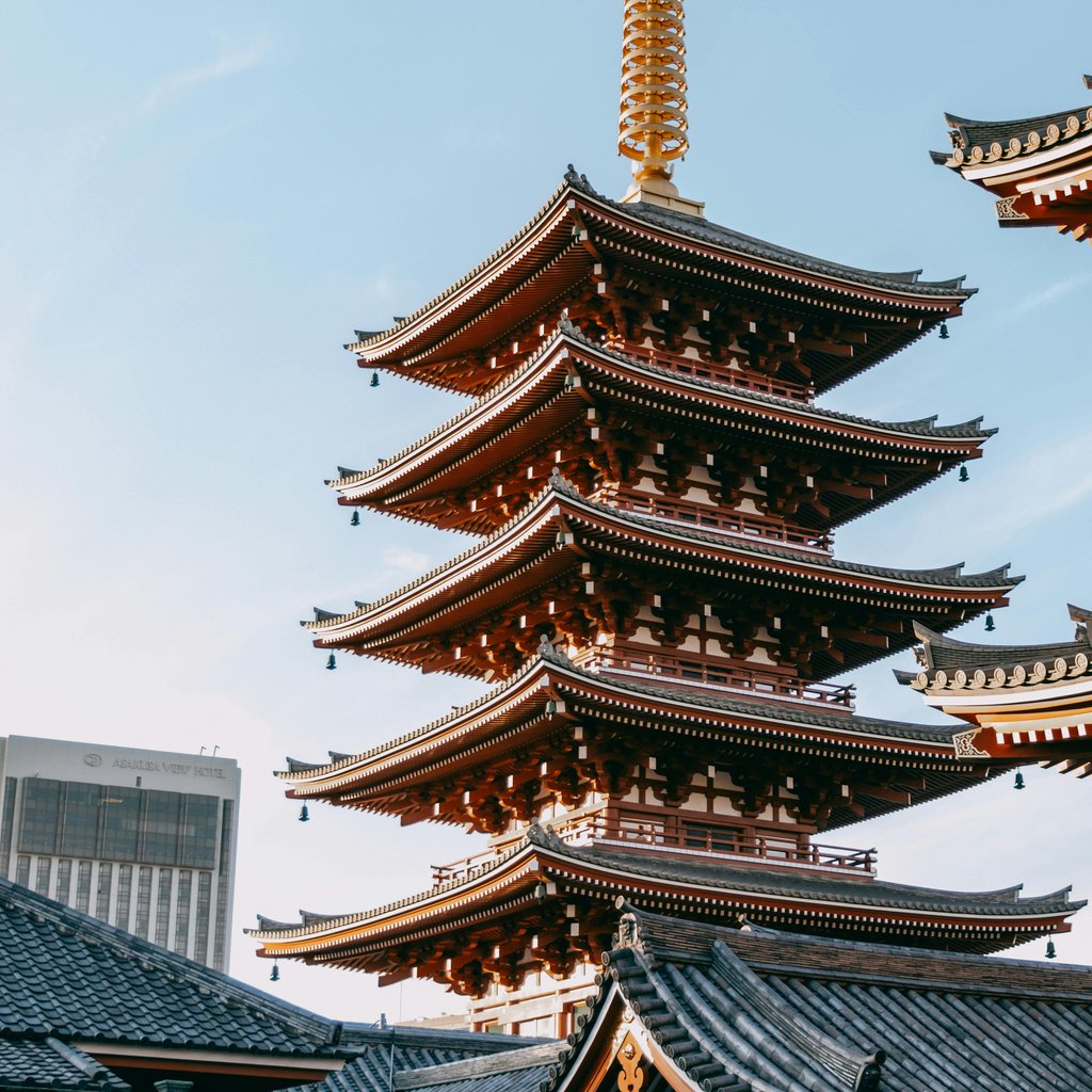Elegant view of a historic pagoda in Asakusa, Tokyo under a clear sky.