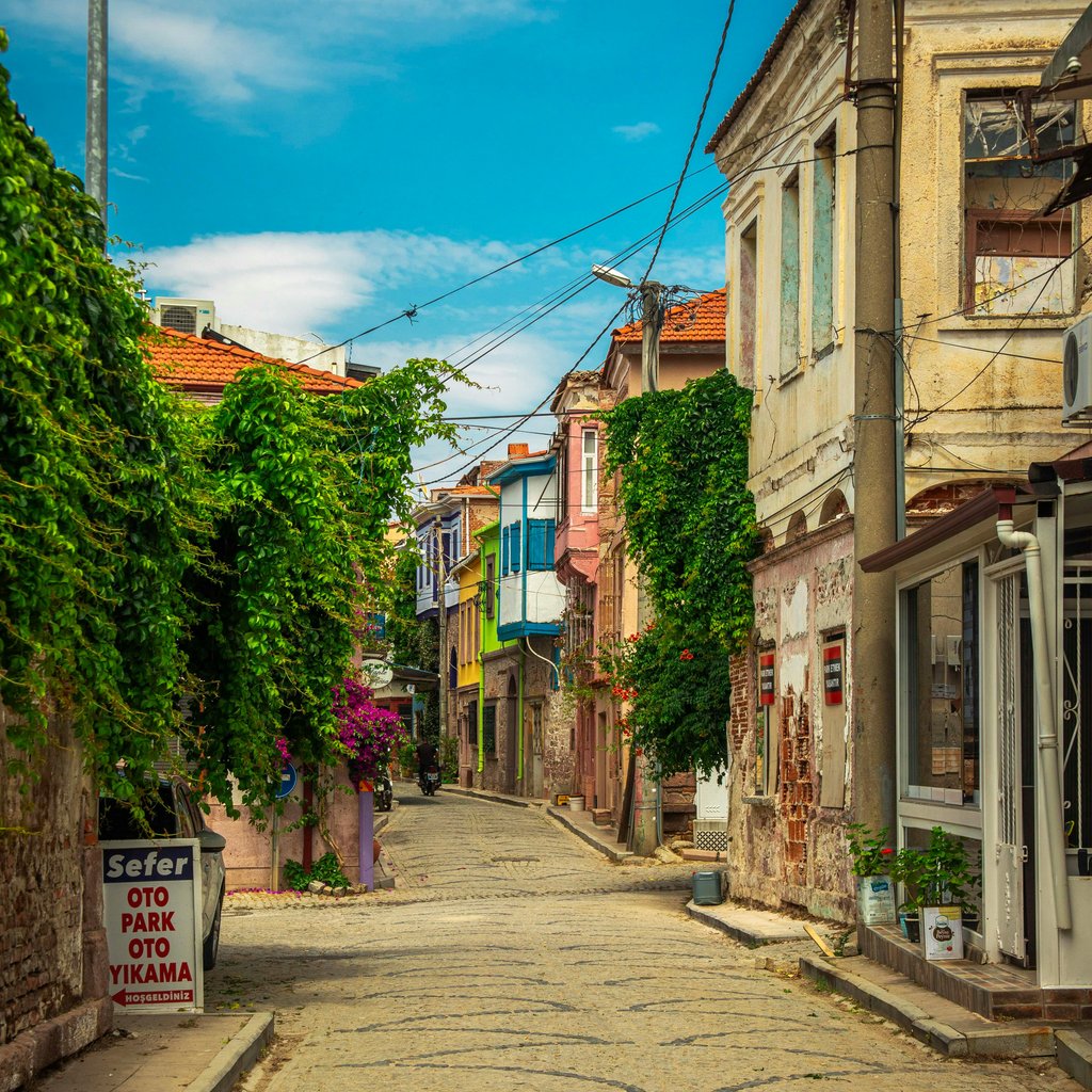 Explore the quaint cobblestone streets of Ayvalık, Türkiye, with vintage architecture.