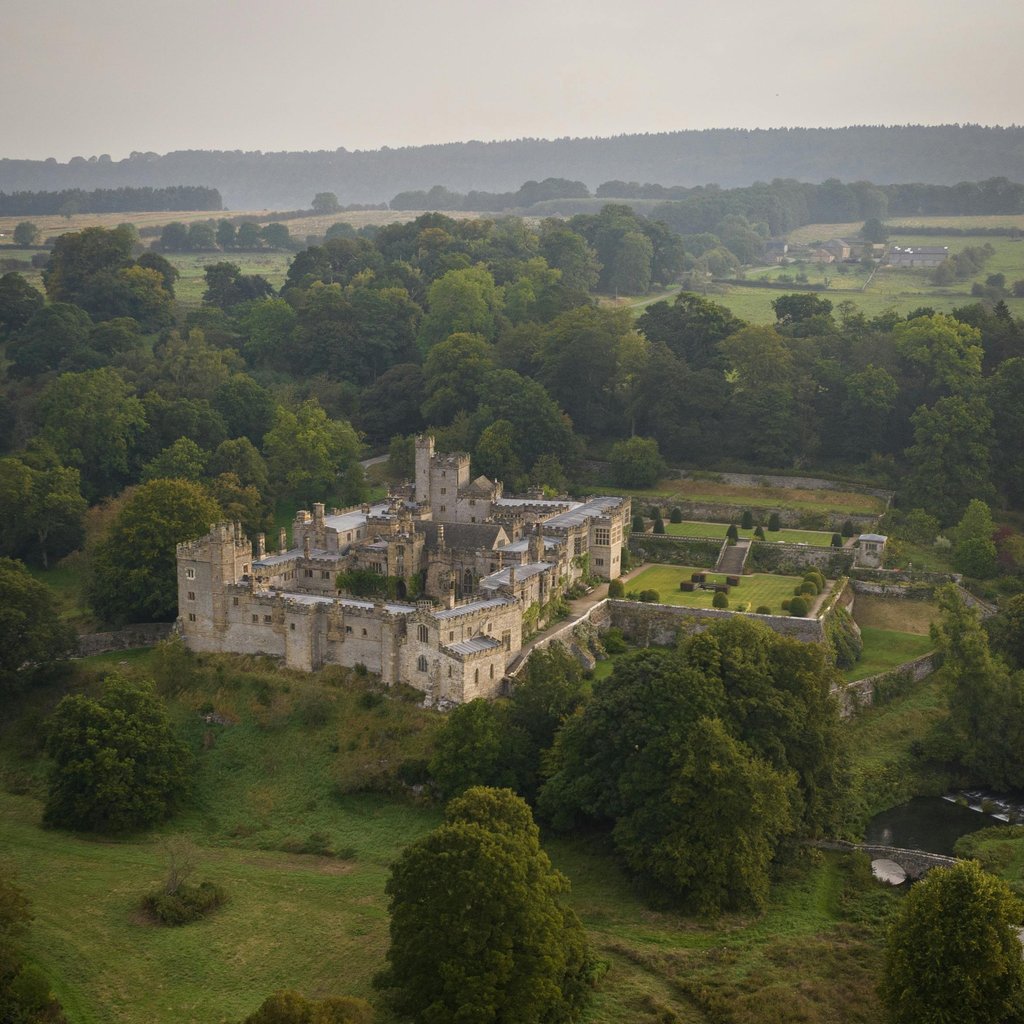 Drone shot of Haddon Hall surrounded by lush greenery in rural England.