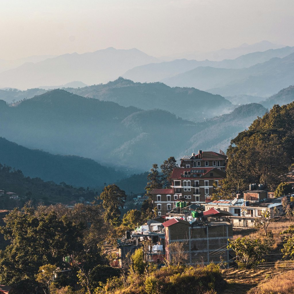 Beautiful aerial view of Bandipur village and mountains in Nepal during the day.