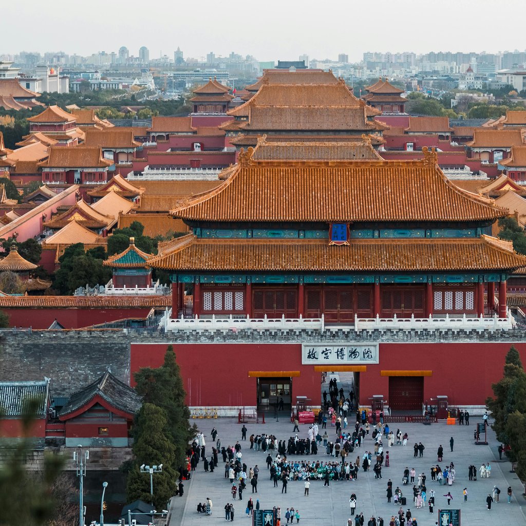 A stunning aerial view of the historic Forbidden City in Beijing, China, showcasing its traditional architecture.