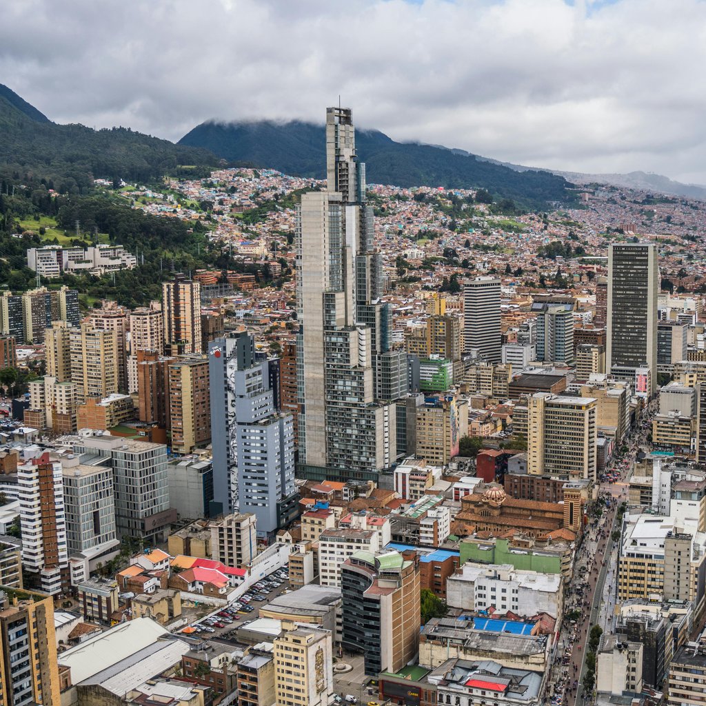 Aerial view of downtown Bogotá, Colombia showcasing modern skyscrapers and urban layout.