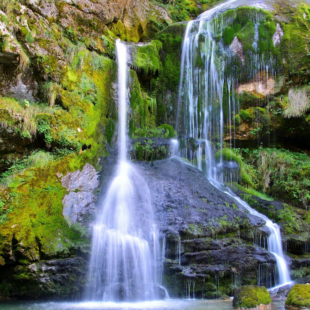 Elegant cascade of Virje Waterfall, surrounded by lush greenery in Tolmin, Slovenia. Perfect for nature lovers.