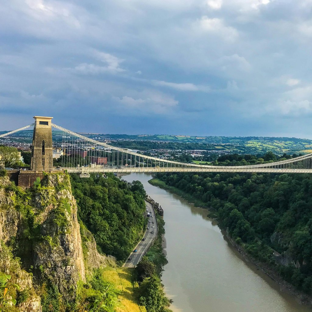 Aerial view of Clifton Suspension Bridge spanning the scenic Avon Gorge in Bristol, England.