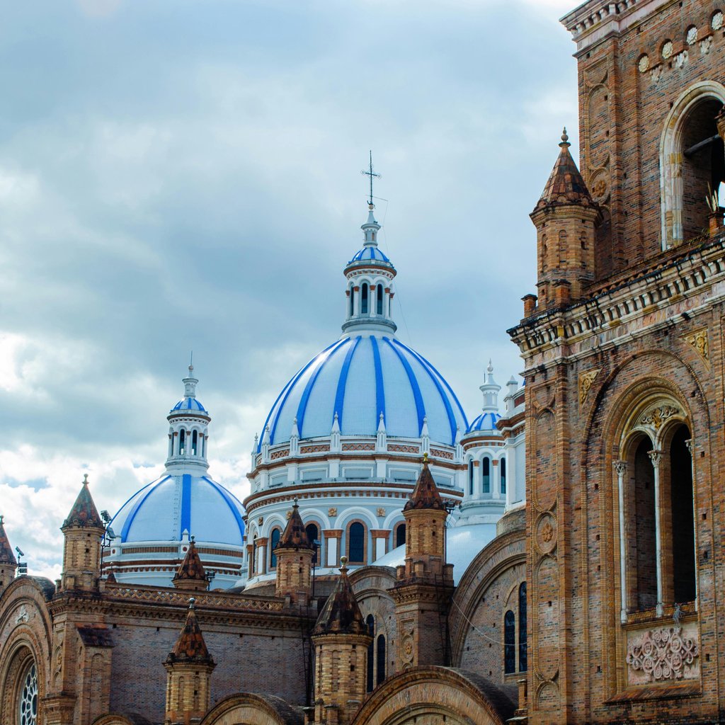 Beautiful view of the New Cathedral of Cuenca with its iconic blue domes in Azuay, Ecuador.