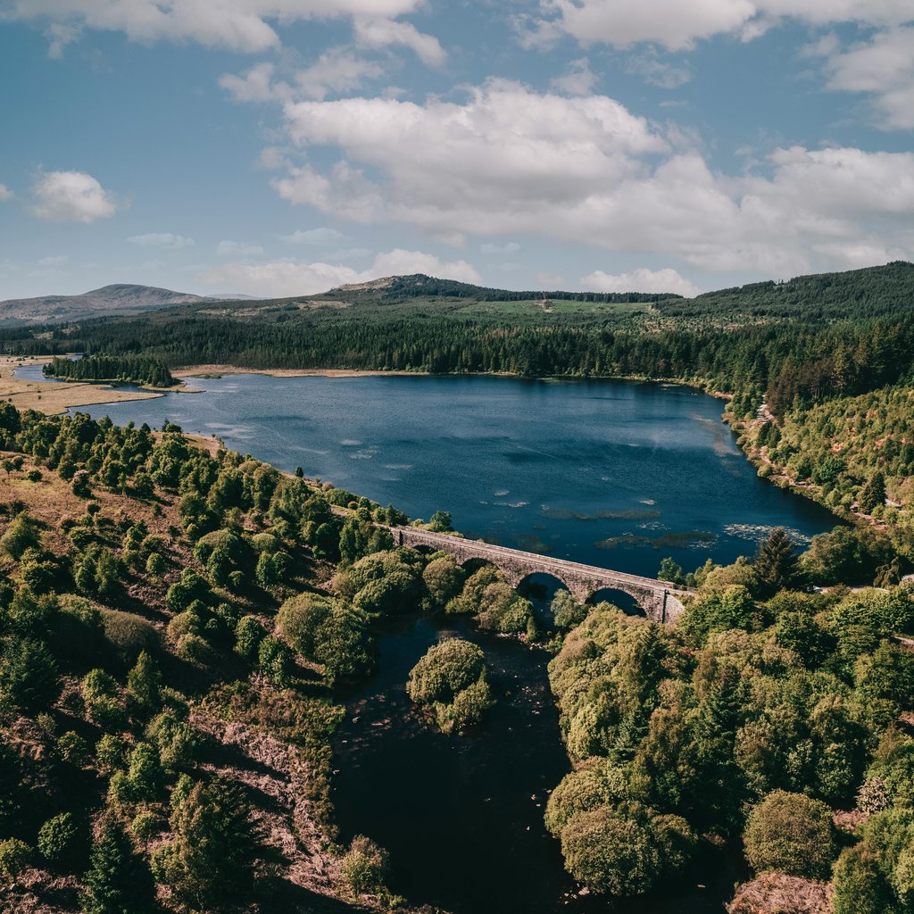 A stunning aerial view of a tranquil lake surrounded by forests in Dumfries and Galloway, Scotland.