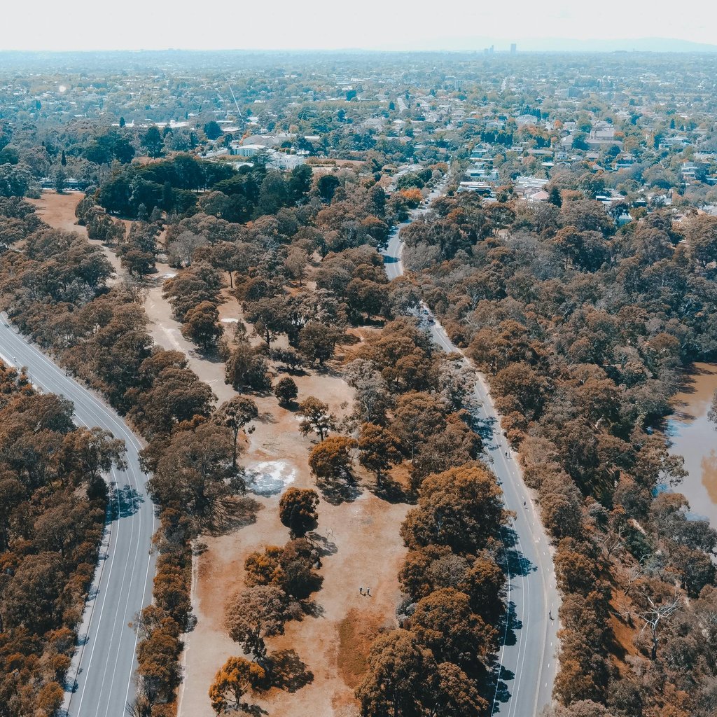 A stunning aerial view of Fairfield's landscape showcasing a road winding through dense forest and urban sprawl.