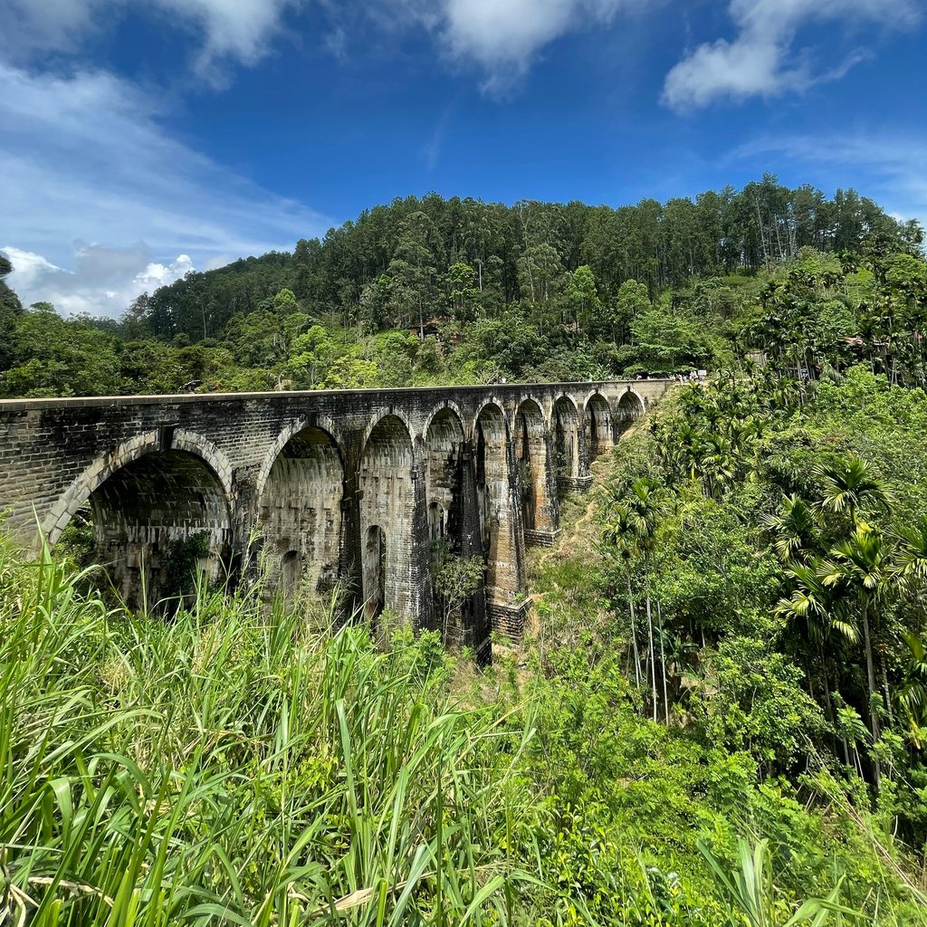 Breathtaking view of the iconic Nine Arch Bridge nestled in lush Sri Lankan rainforest.