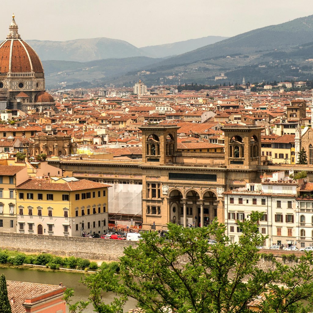 Stunning aerial view of Florence showcasing the iconic Duomo and historic cityscape during the day.