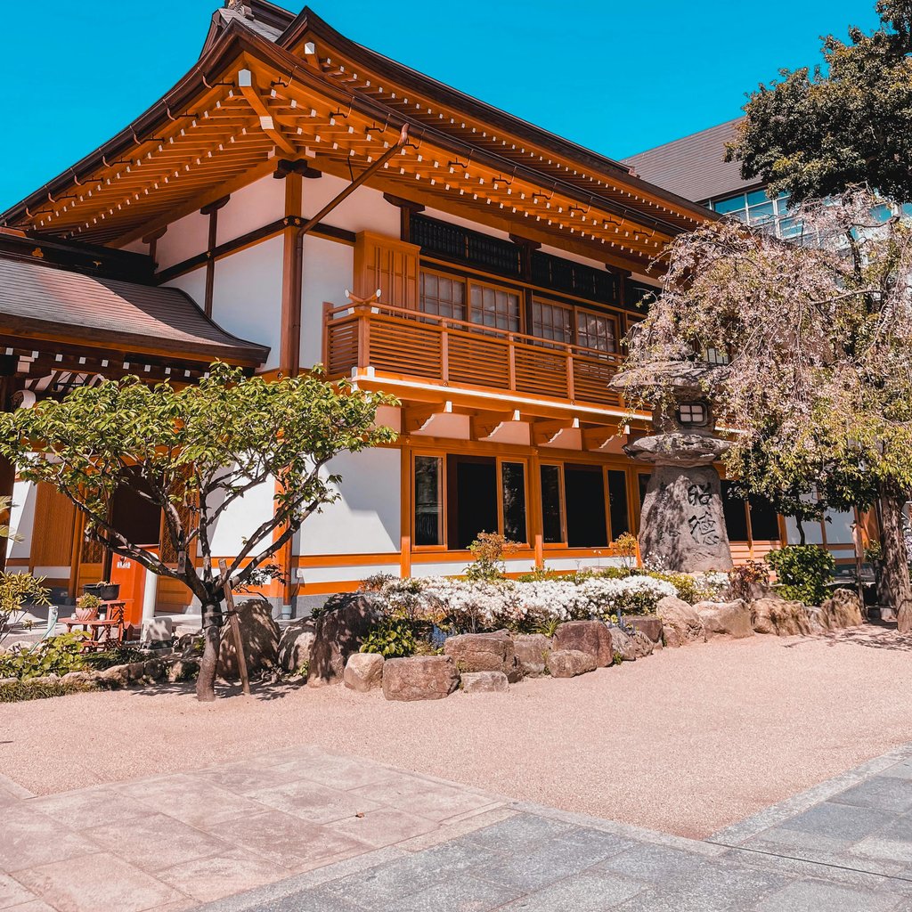 Beautiful traditional Japanese building in Fukuoka, Japan with clear blue sky.