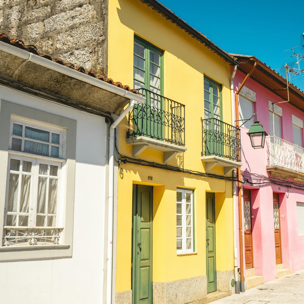 Charming colorful houses in the historic town of Guimarães, Braga, Portugal.