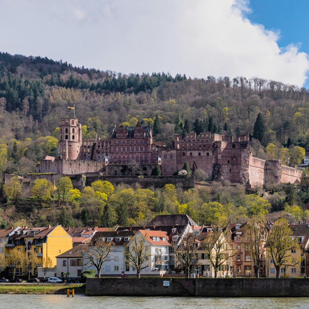 Scenic view of Heidelberg Castle and city from across the Neckar River in Germany.