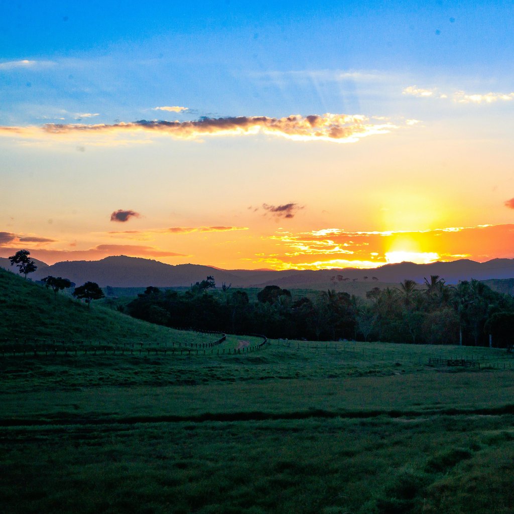 A breathtaking view of the golden hour sunset over lush green hills and mountains, capturing nature's serene beauty.