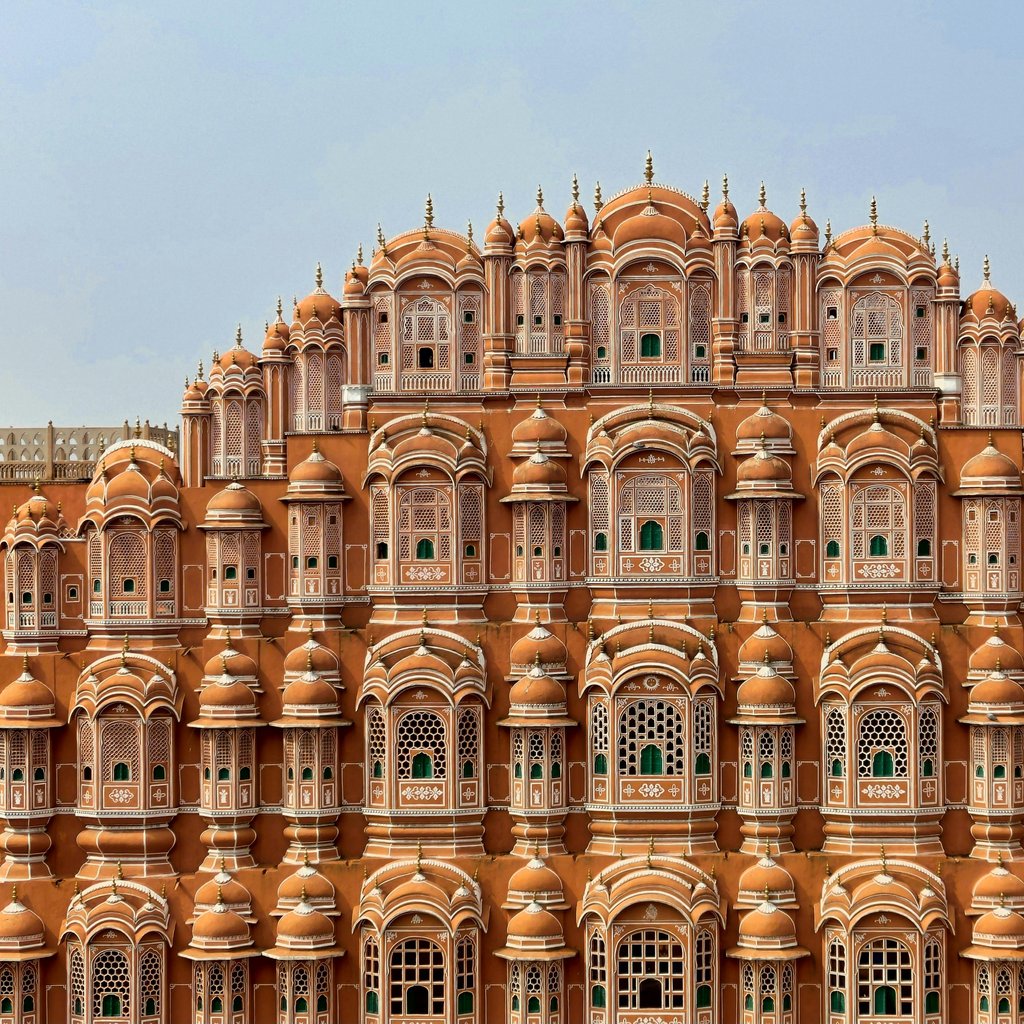 Front view of Hawa Mahal, a stunning example of baroque architecture in Jaipur, India.