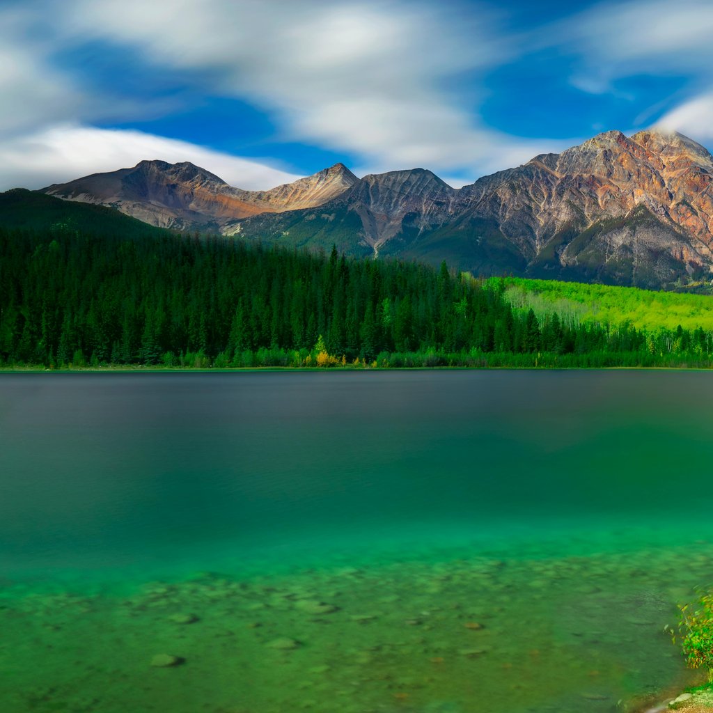 Breathtaking view of Patricia Lake and Pyramid Mountain in Jasper National Park, Canada.