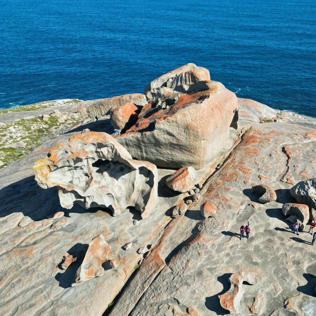 Aerial view of Remarkable Rocks on Kangaroo Island, showcasing magnificent rock formations and ocean scenery.