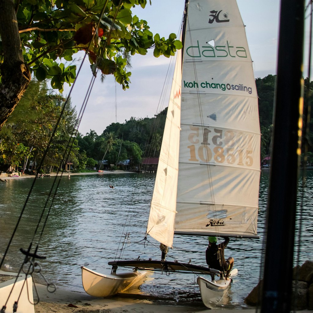 Small sailboat on a serene beach at Koh Chang, Thailand, perfect for a tropical getaway.