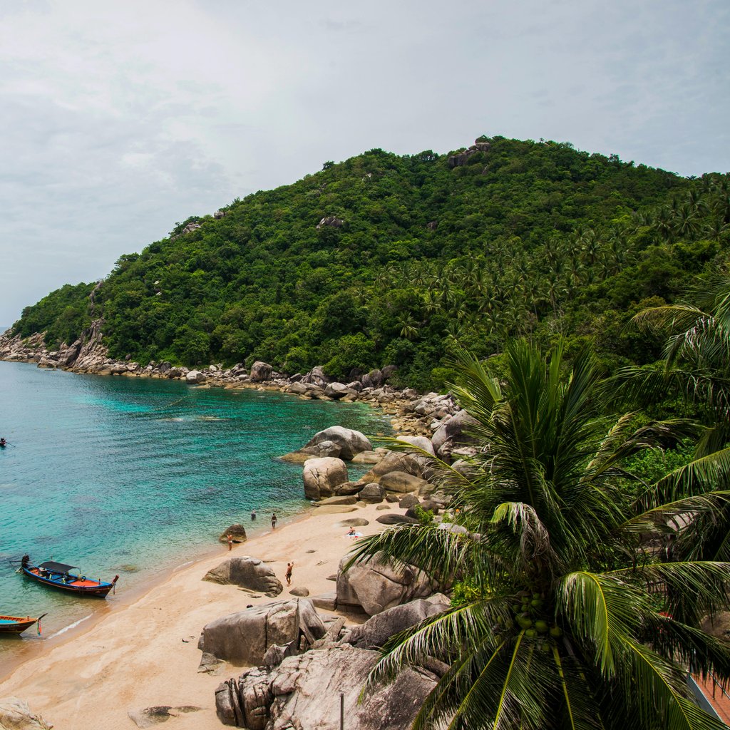 Scenic view of a secluded tropical beach with turquoise waters and lush green hills.