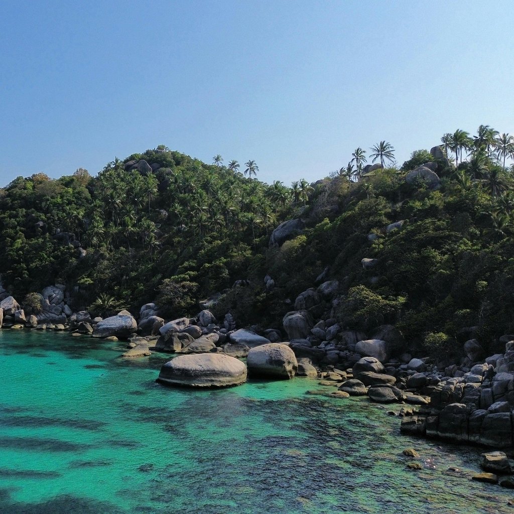 Stunning aerial view of the turquoise waters and lush landscape of Shark Bay, Ko Tao, Thailand.