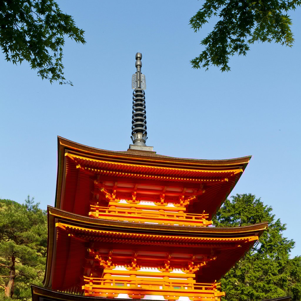 Koyasu Pagoda nestled among green trees on a sunny day in Kyoto, Japan.