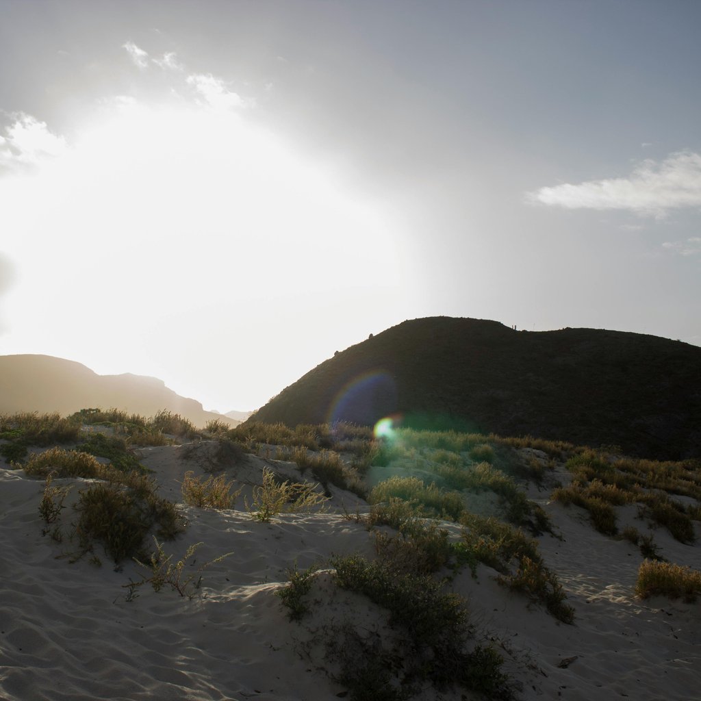 Discover the tranquil beauty of La Paz sand dunes against the vibrant sunset sky.