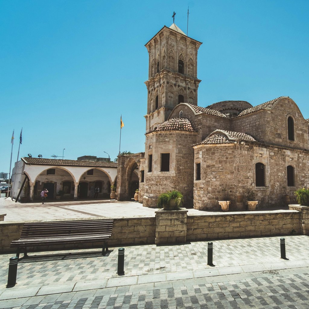 Historic St. Lazarus Church under clear blue skies in Larnaca, Cyprus.