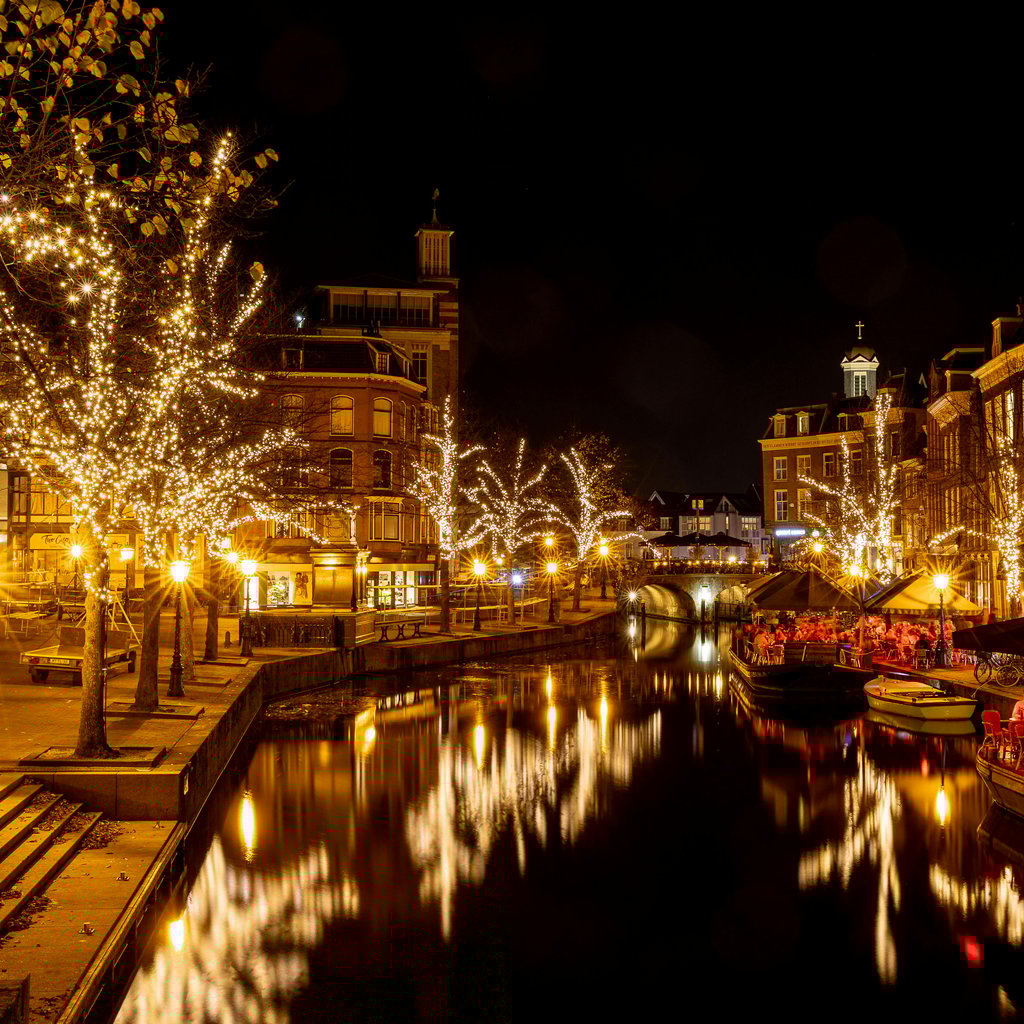 Stunning nighttime scene of a canal in Leiden, Netherlands, glowing under festive lights.