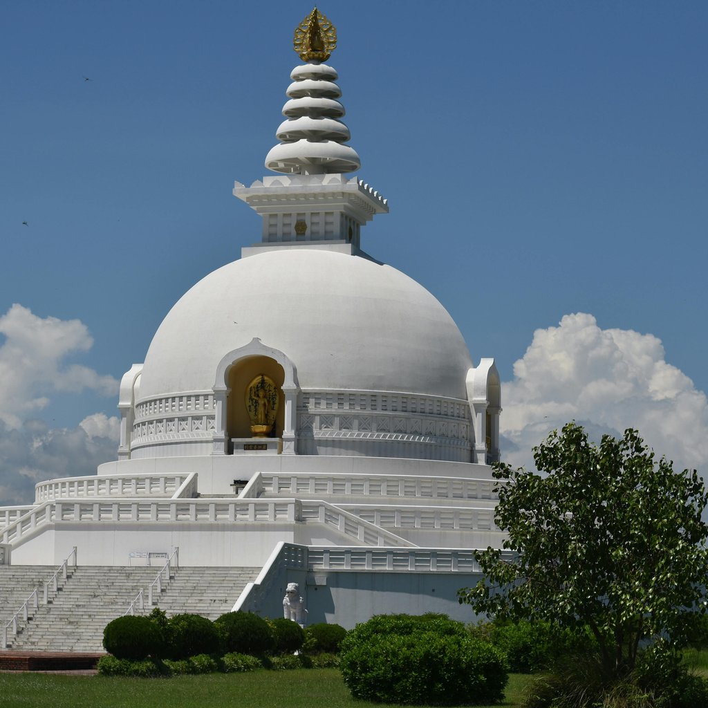 Stunning view of the World Peace Pagoda under a clear sky in Lumbini, Nepal.