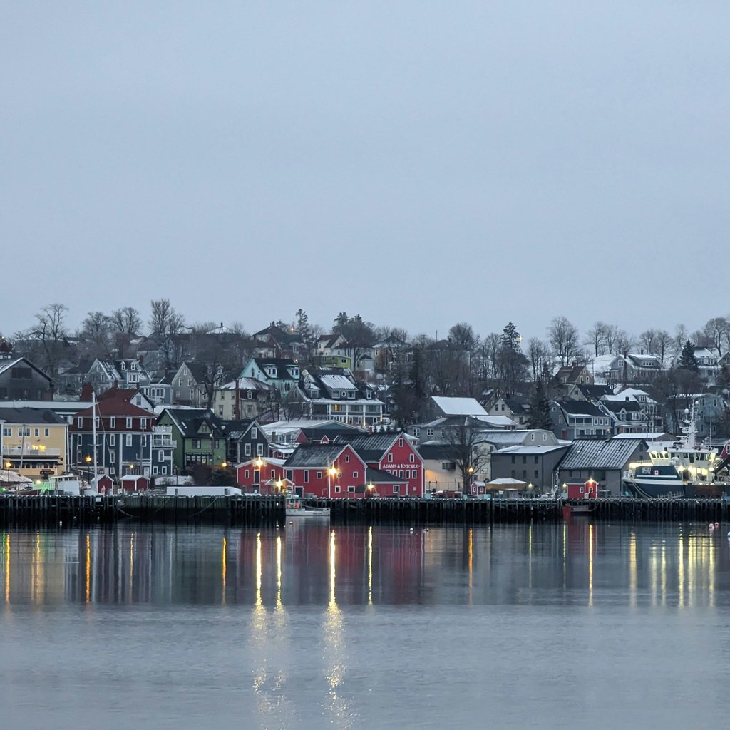 Scenic winter view of Lunenburg's historic waterfront in Nova Scotia, Canada.