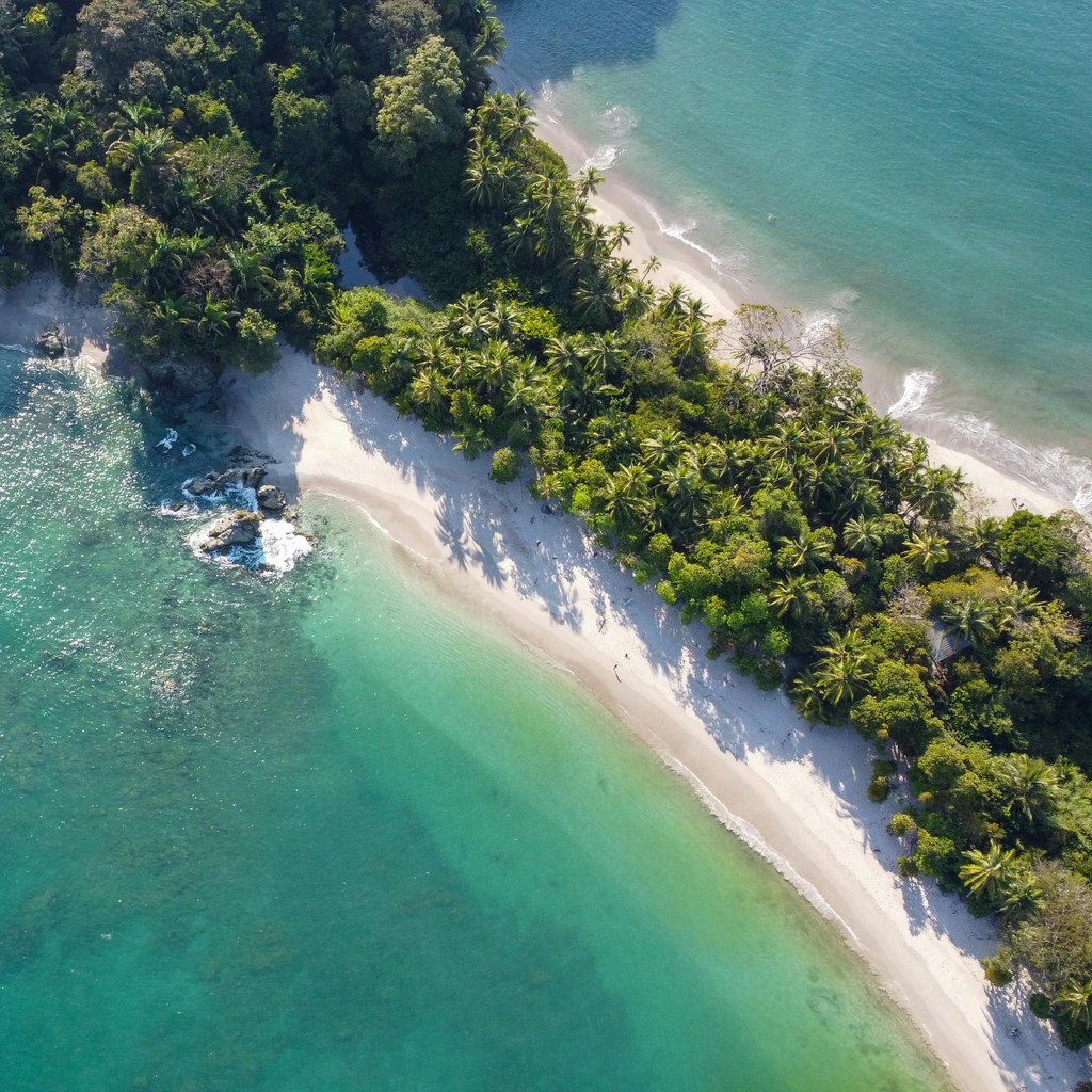Stunning aerial shot of the lush coast and clear water at Manuel Antonio Beach in Costa Rica.