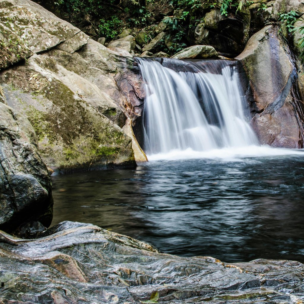 A peaceful waterfall cascading into a clear pool surrounded by lush greenery and rocks.