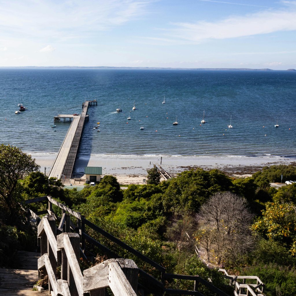Photograph of Flinders Pier and ocean on the Mornington Peninsula, Australia.