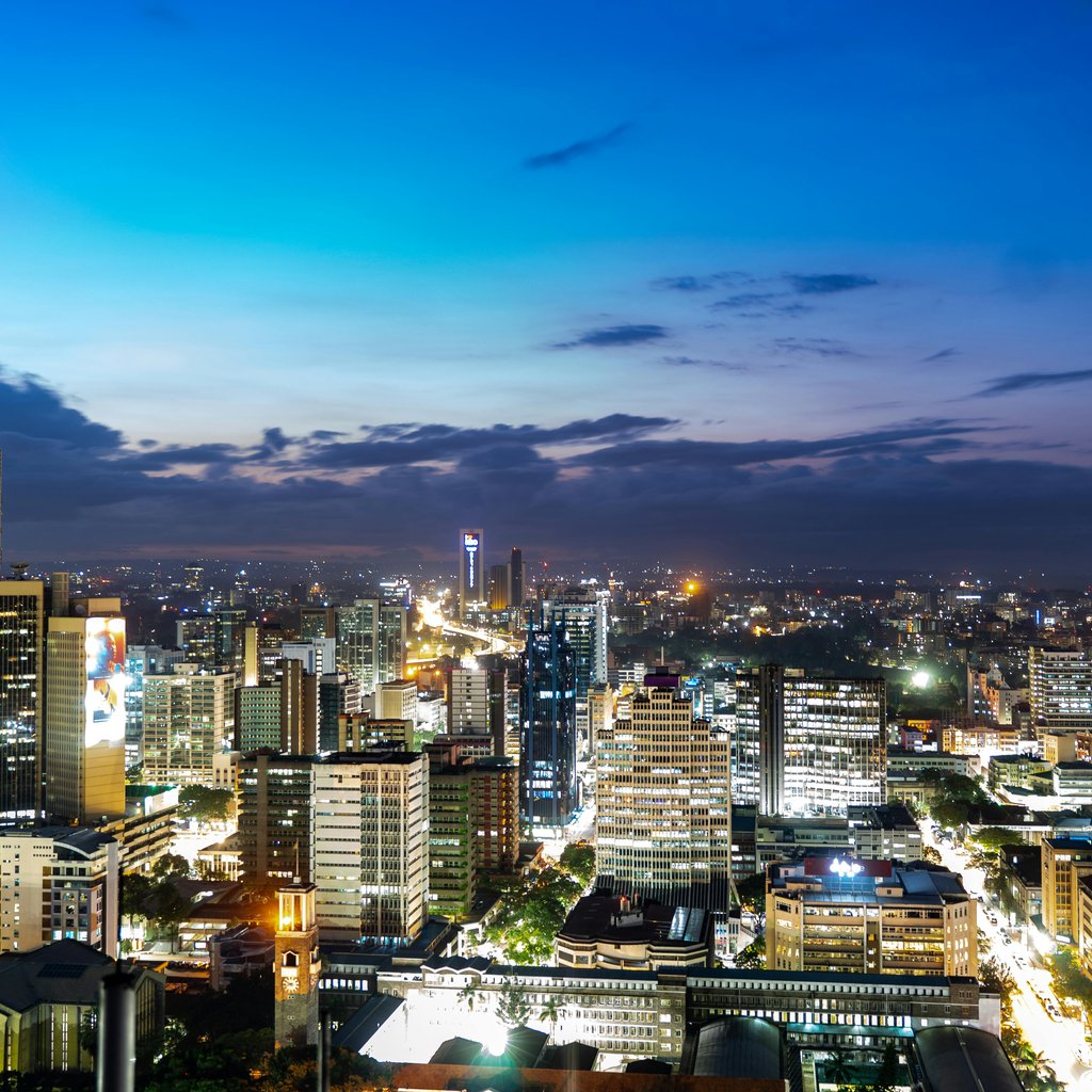 Breathtaking view of Nairobi's skyline during twilight, showcasing vibrant city lights.
