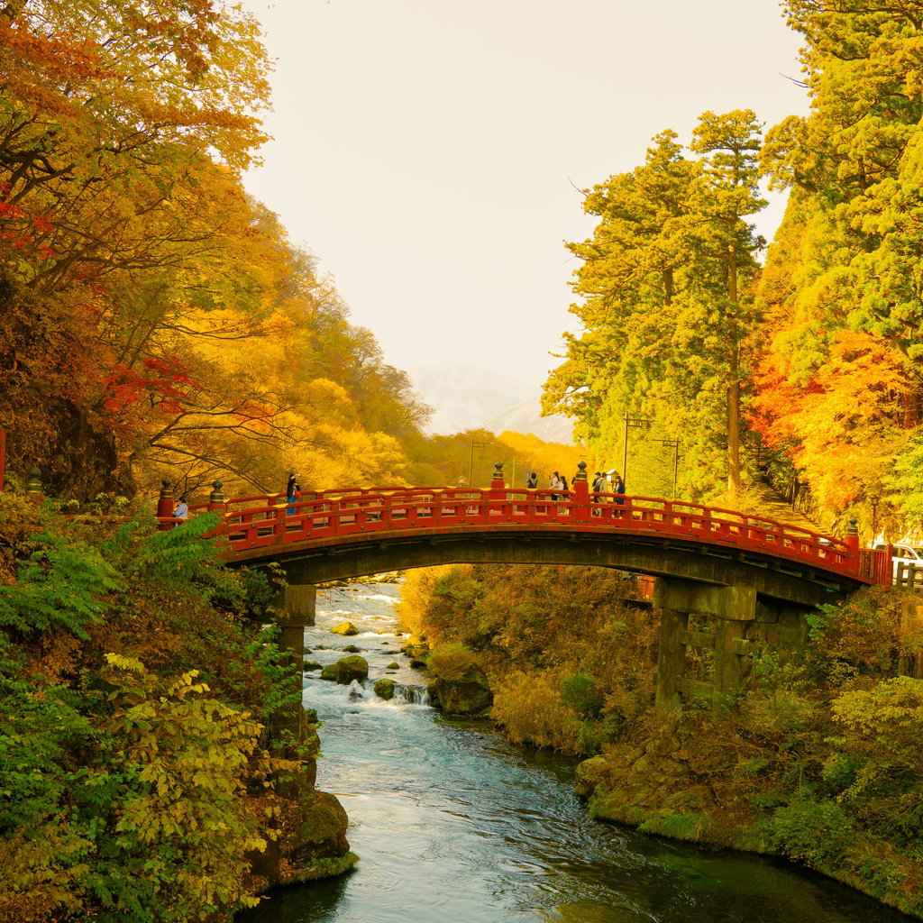Beautiful autumn view of Shinkyo Bridge over a river in Nikko, Japan.