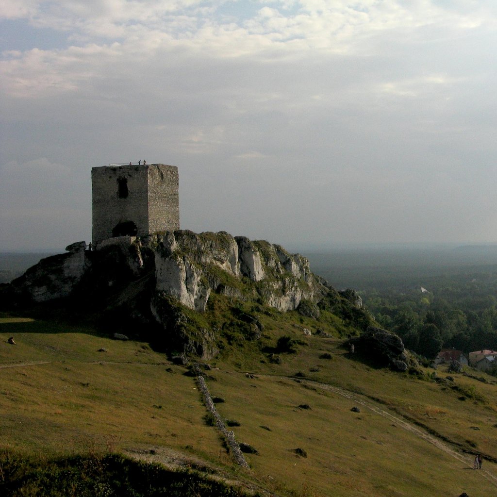 A historic tower stands atop a rocky hill with scenic rural Polish landscape in the background.