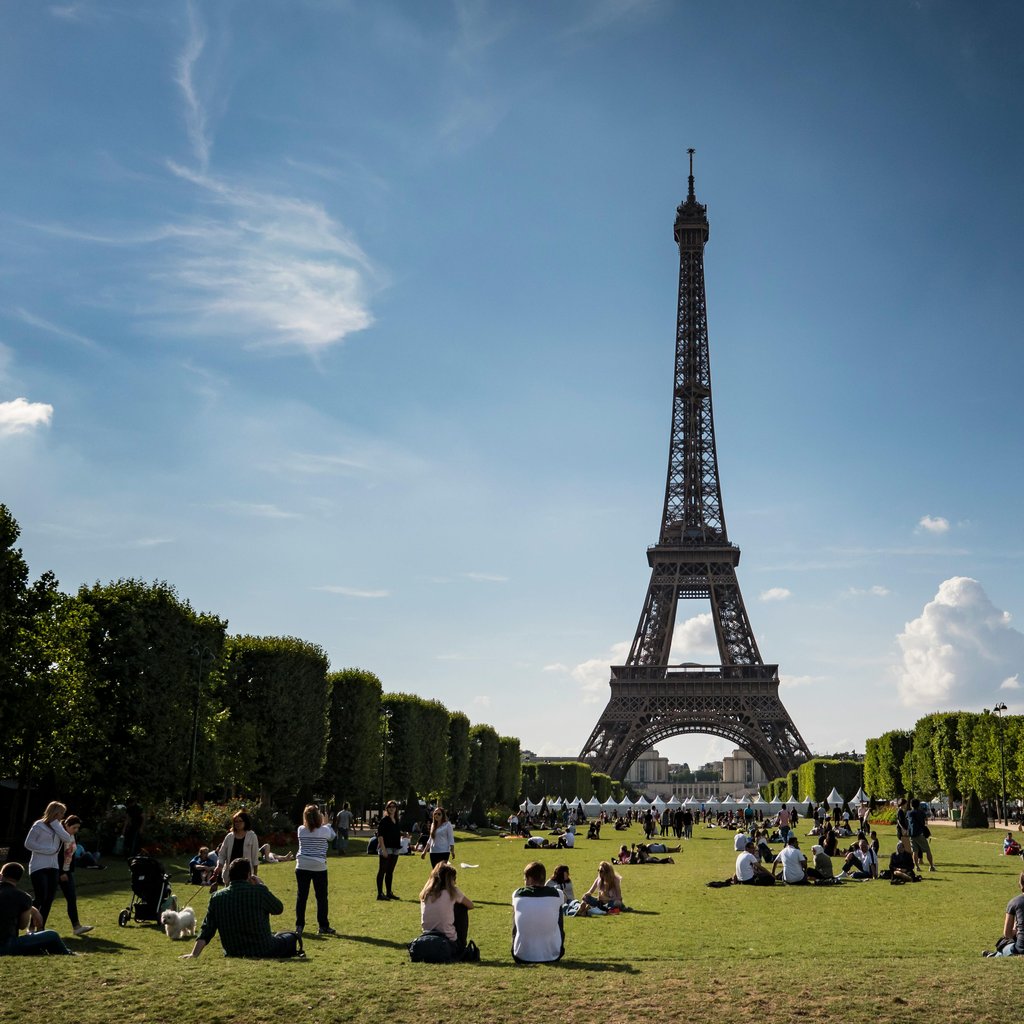 View of Eiffel Tower on a sunny day with people relaxing in a Paris park.