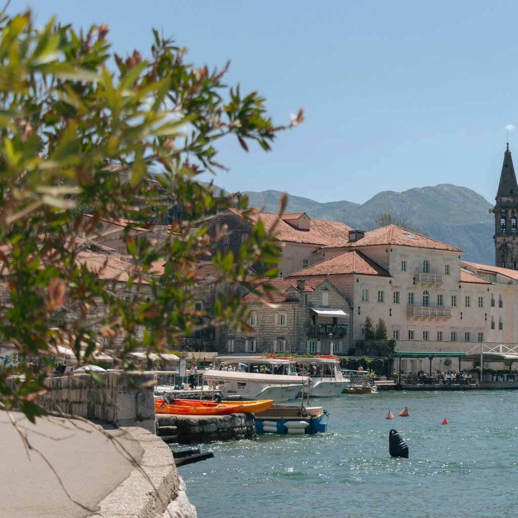 Picturesque view of the historic town of Perast along the Bay of Kotor, Montenegro.