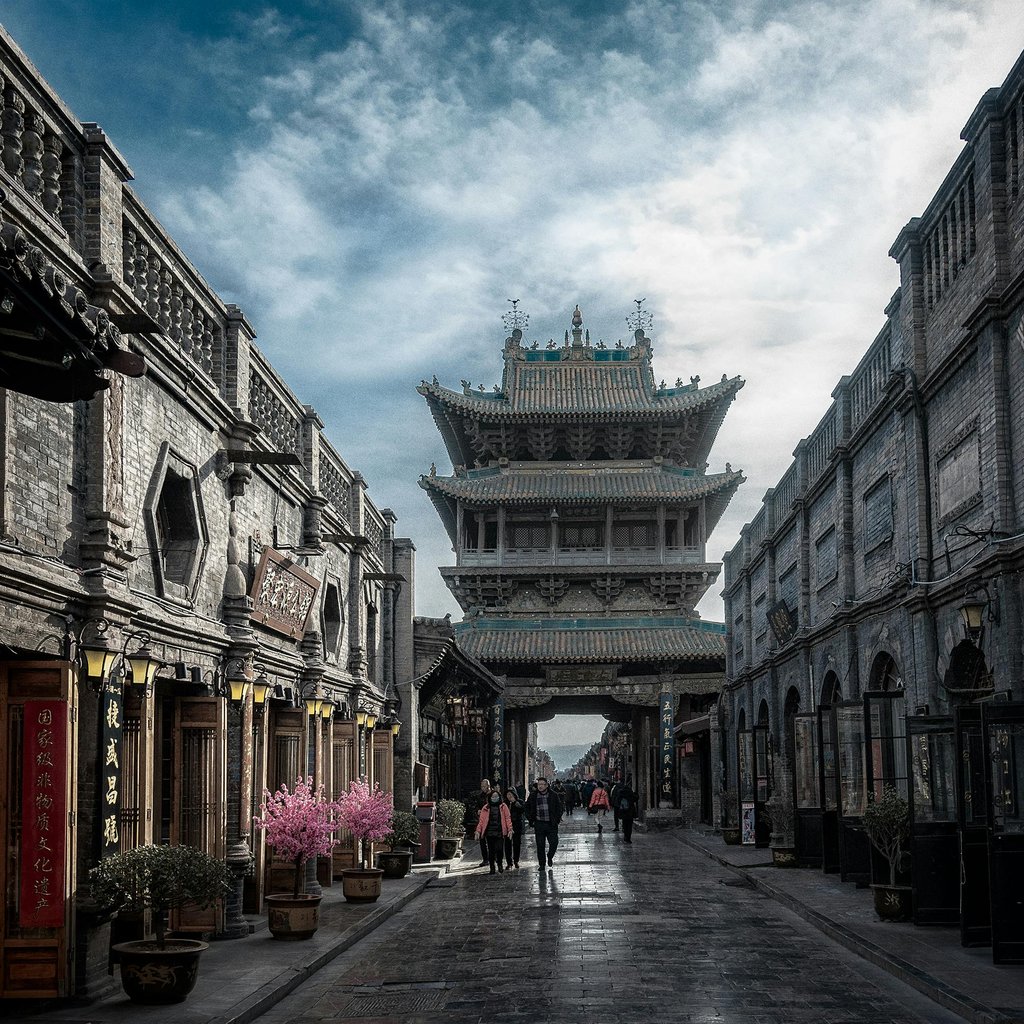 Scenic view of ancient architecture and street in historic Pingyao, China.