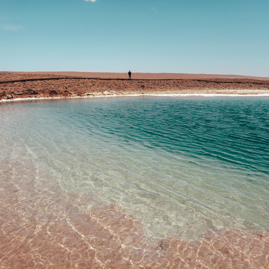A serene view of a lagoon with clear blue skies in San Pedro de Atacama, Chile.