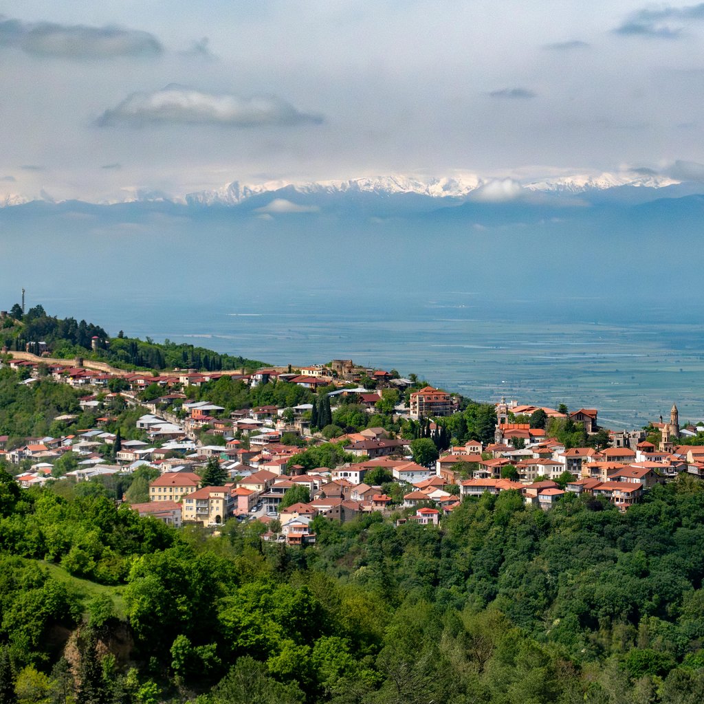 Explore the charming town of Sighnaghi nestled in the lush Alazani Valley with mountainous backdrop.
