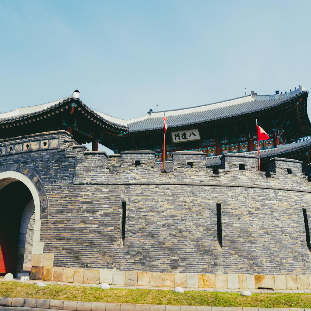Vivid view of the Hwaseong Fortress in Suwon, showcasing traditional Korean architecture under a bright sky.