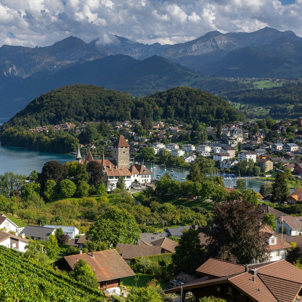 A picturesque landscape of Thun Castle by Lake Thun with the Bernese Alps in the background.