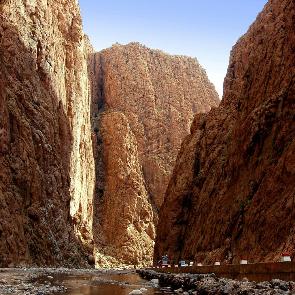 Captivating view of Todra Gorge's towering cliffs and tranquil stream in Tinghir, Morocco.