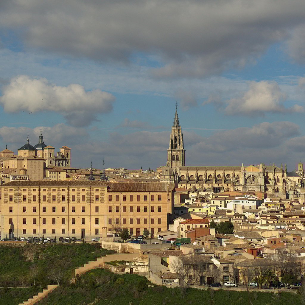Skyline of Toledo, Spain with historic architecture and cathedral.
