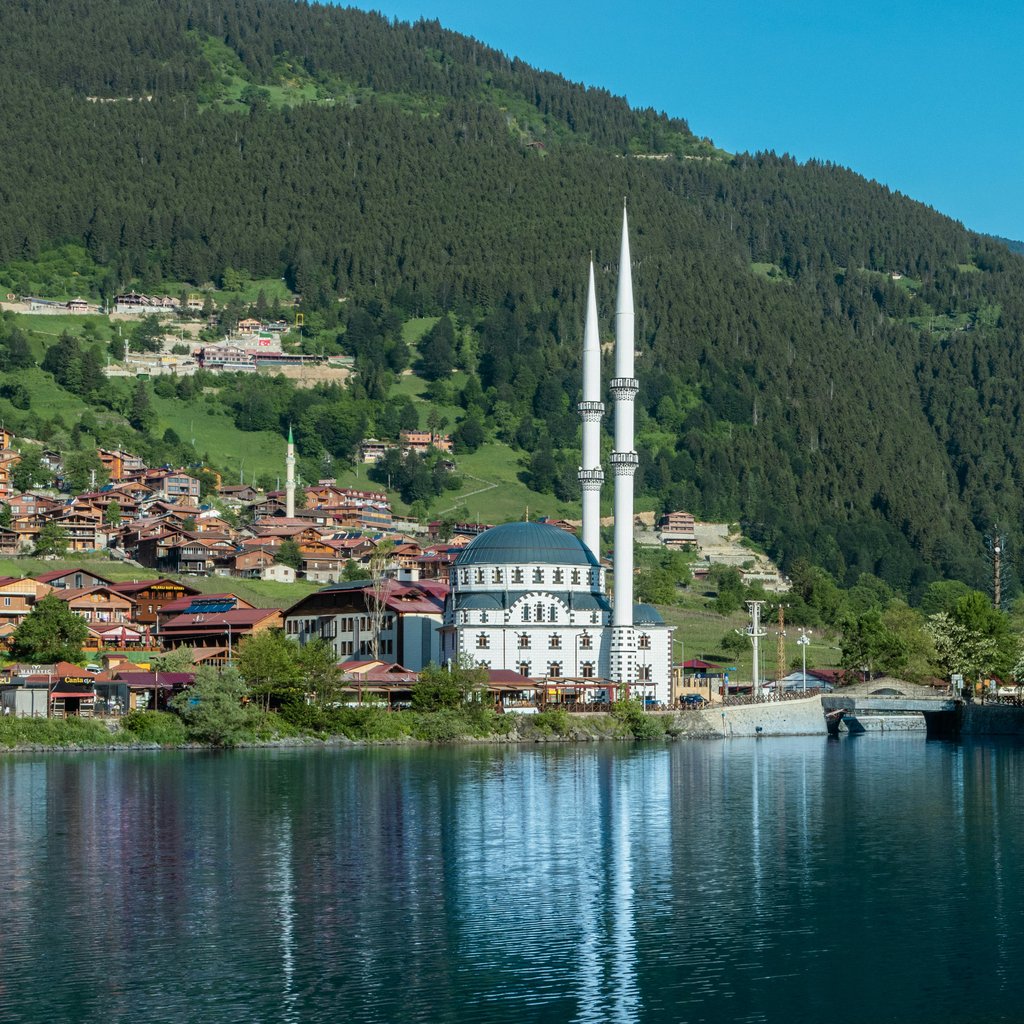 Scenic view of Uzungöl Mosque amidst tranquil lake and lush mountains in Trabzon, Turkey.