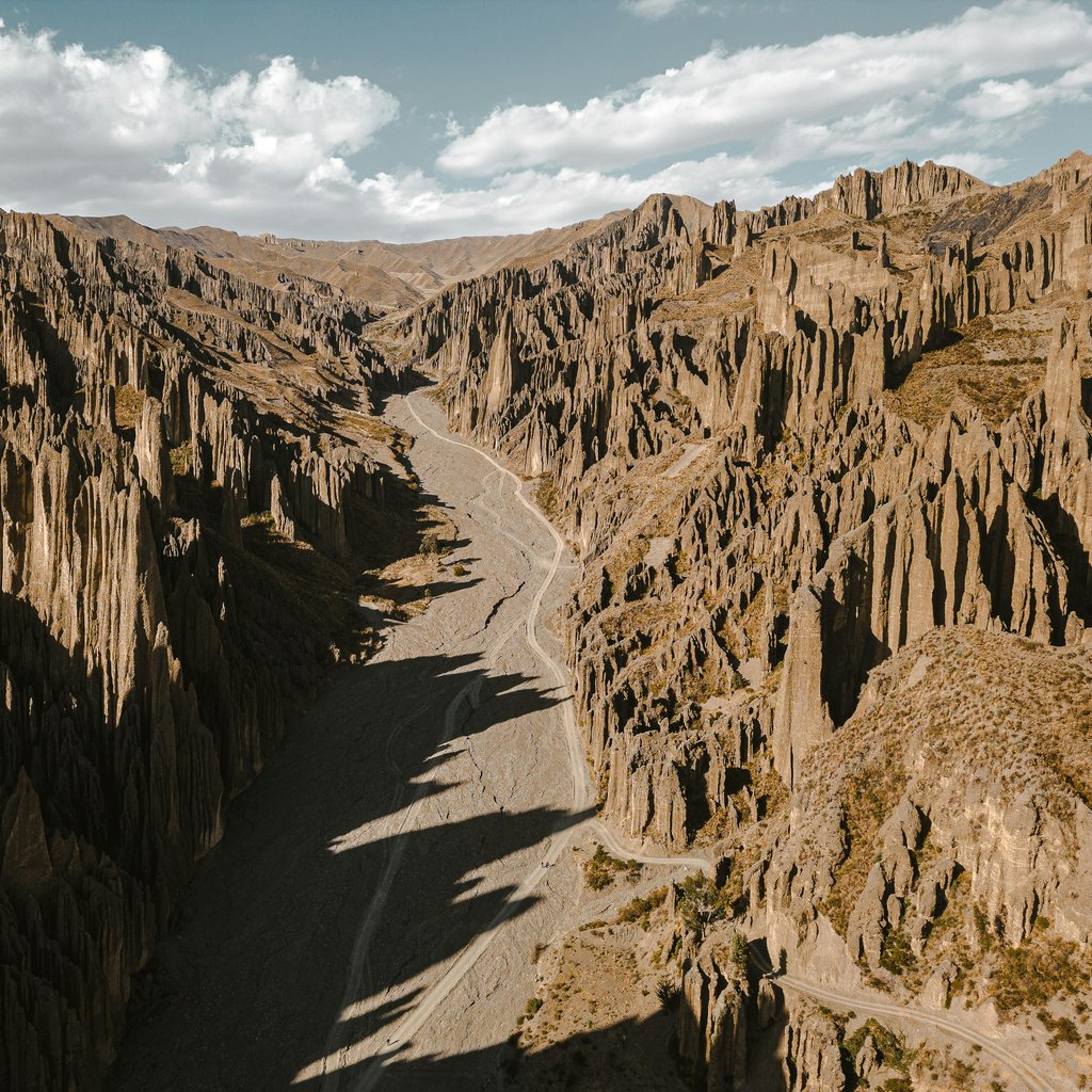 Stunning aerial view of the Valley of the Souls' unique rock formations near La Paz, Bolivia.