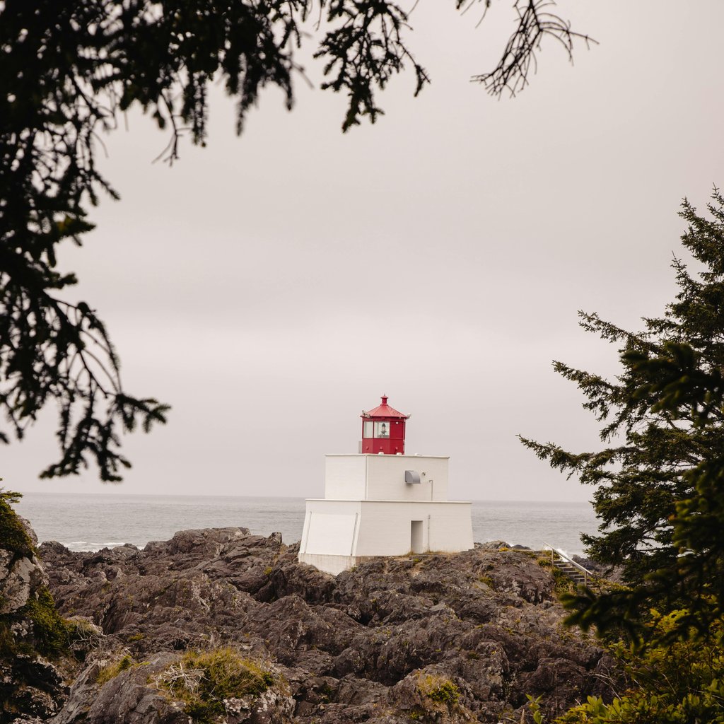Amphitrite Point Lighthouse stands amidst rocky shores on Vancouver Island's coast, framed by trees.