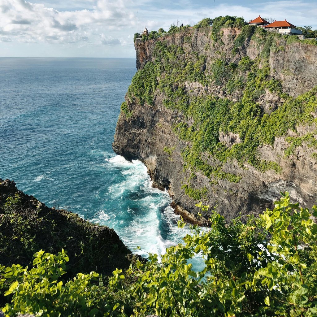 Stunning view of Uluwatu Cliffs in Bali with ocean waves crashing below and vibrant greenery.