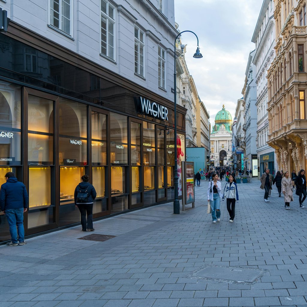 Pedestrians walking in Vienna's historic old town, showcasing iconic architecture and luxury shops.